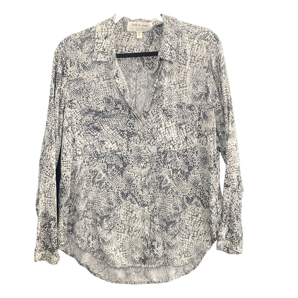 CLOTH STONE Women Long Sleeve Blouse Button Front Sz L Black White Abstract 10-1